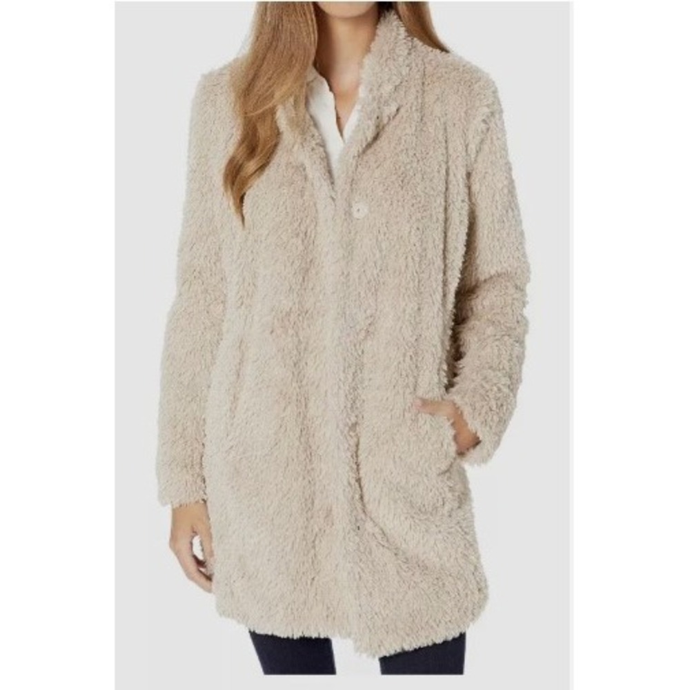 Kenneth Cole New York Faux Fur Coat Jacket Cream Leopard Snap Button S Sherpa